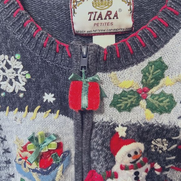 Tiara Vintage Ugly Christmas Sweater- Snowmen sparkle cardigan women's PL-Holida - Picture 9 of 12